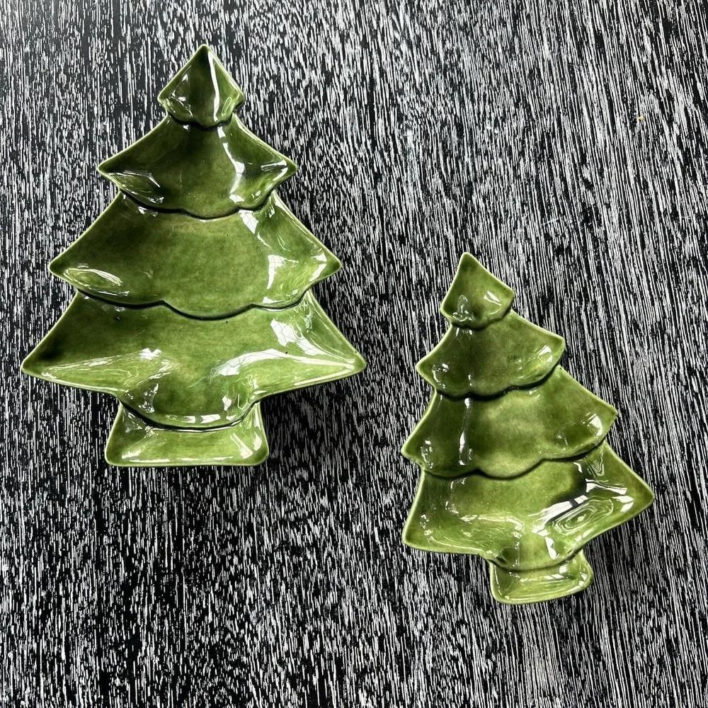 Vintage Stacking Ceramic Green‎ Christmas Tree Dishes Candy Set of 2 Signed